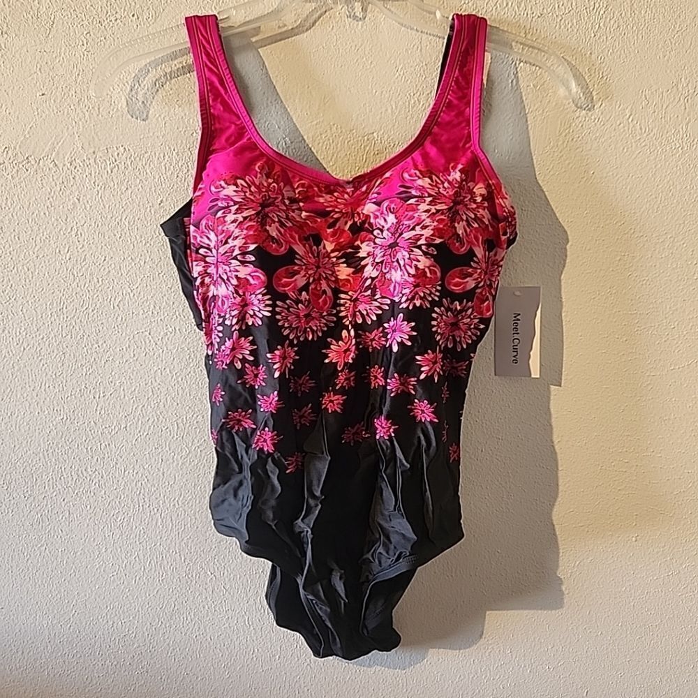 Meet Curve Swimsuit Black Pink Floral Summer Colorful XL One Piece